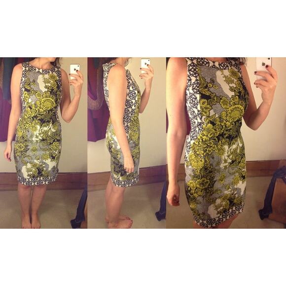 Anthropologie Aires Floral Dress 8 Fitted Shift Green Yellow Weston Wear Cotton - Picture 2 of 5